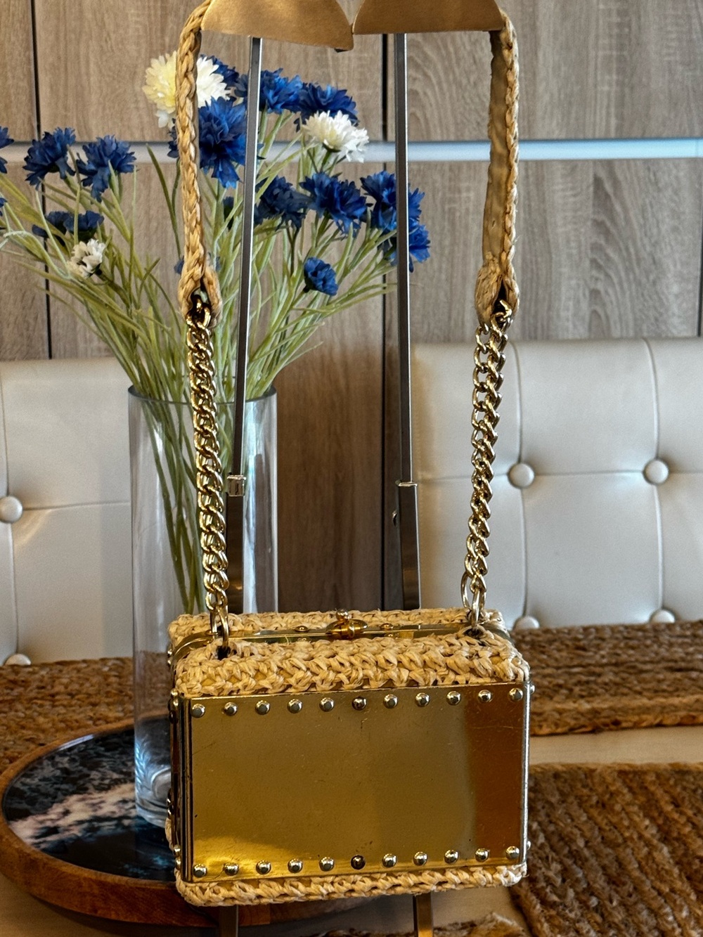 RARE! Vintage Italian Gold Metal & Raffia Box Bag 💎Luxurious Design Statement